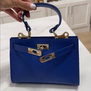 Vera Pelle Royal Blue Mini Top-Handle Bag with Gold Hardware